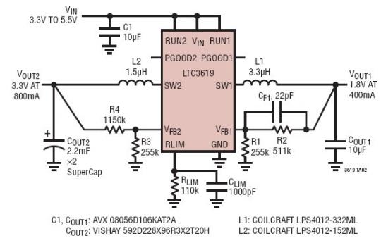 3.3V  5.5V ݔ (500mA ^ֵ) o 4.4mF  (3.3V/800mA) ṩ 1.8V/400mA ݔ