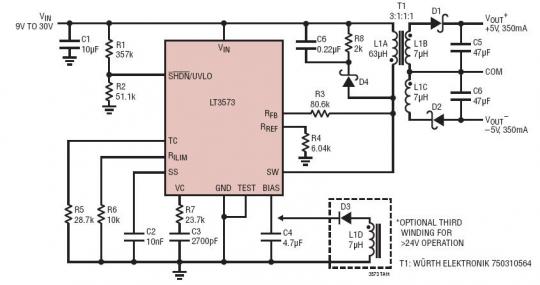 9V~30Vin 至 ±5Vout/350mA No Opto 隔離型反激式控制器