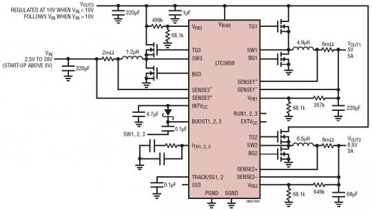 高效率、寬輸入 (“冷車發(fā)動”) 范圍雙通道 5V/8.5V 轉(zhuǎn)換器